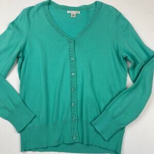 Vintage Crochet Knit Cotten Blend Cardigan Sweater V Neck Button up  Turquoise